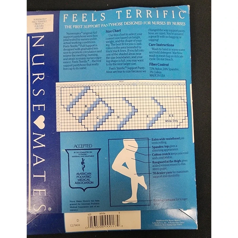 NURSE MATES Full Support Hosiery Pantyhose Size‎ B  White